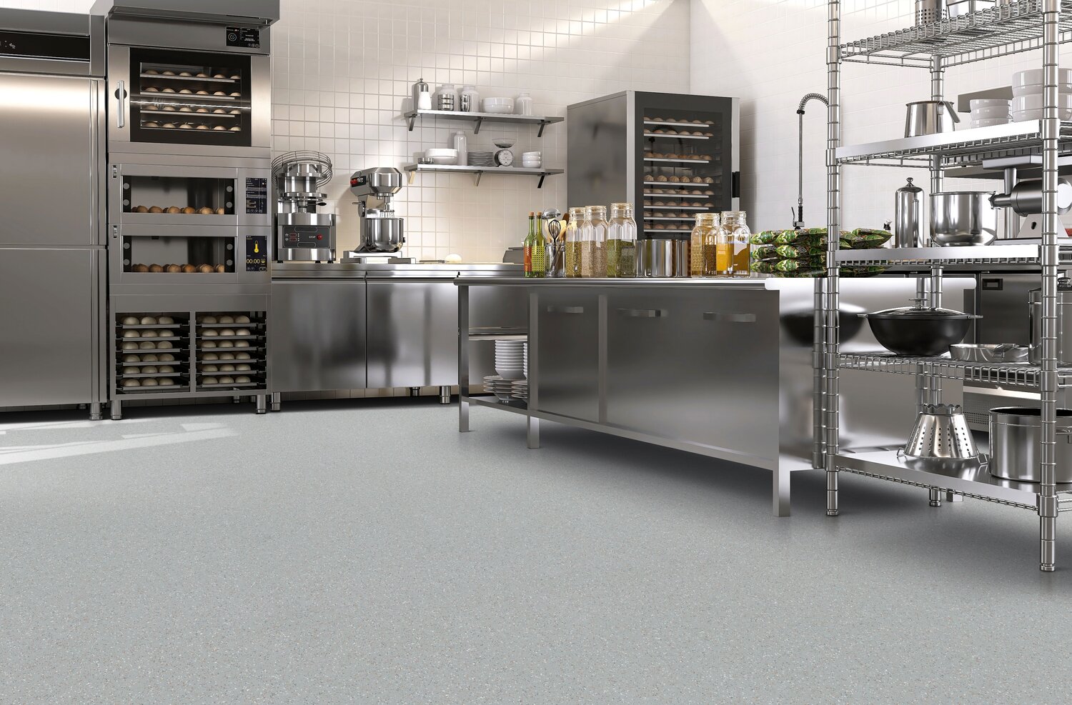 A commercial kitchen with taraflex ultra flooring