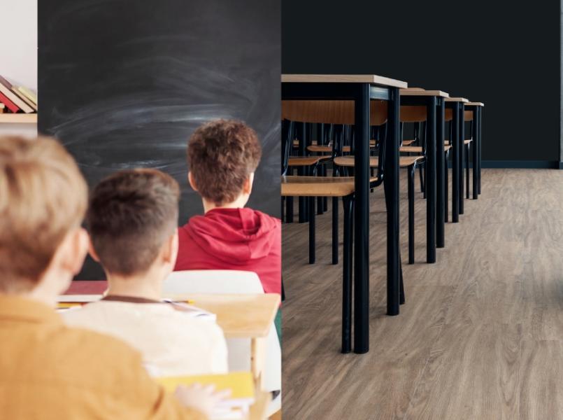 children in a classroom and desks sitting on LVT flooring
