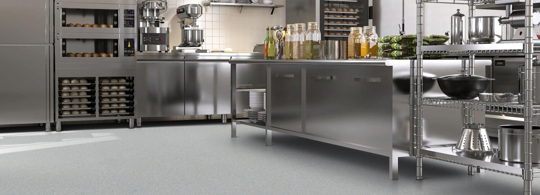 A commercial kitchen with taraflex ultra flooring
