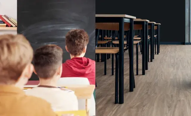 children in a classroom and desks sitting on LVT flooring
